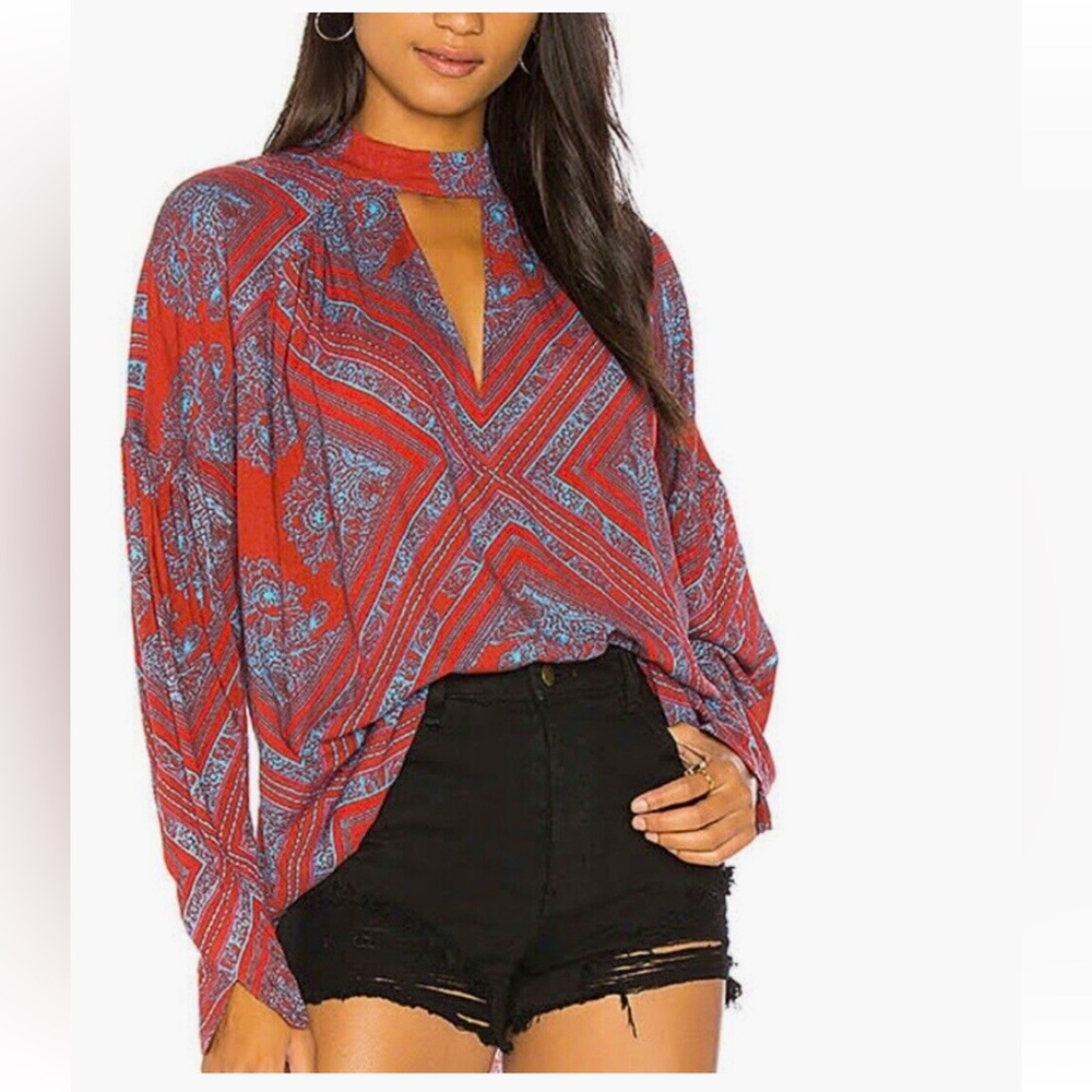 Free People Walking On Cloud Red Blue Floral Tunic Top Long Sleeve